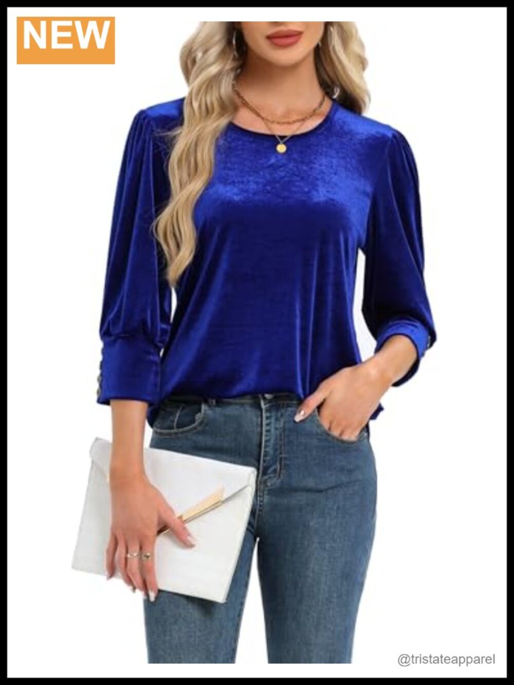 Women's Velvet 3/4 Sleeve Blouse Dressy Casual Round Neck Elegant Top